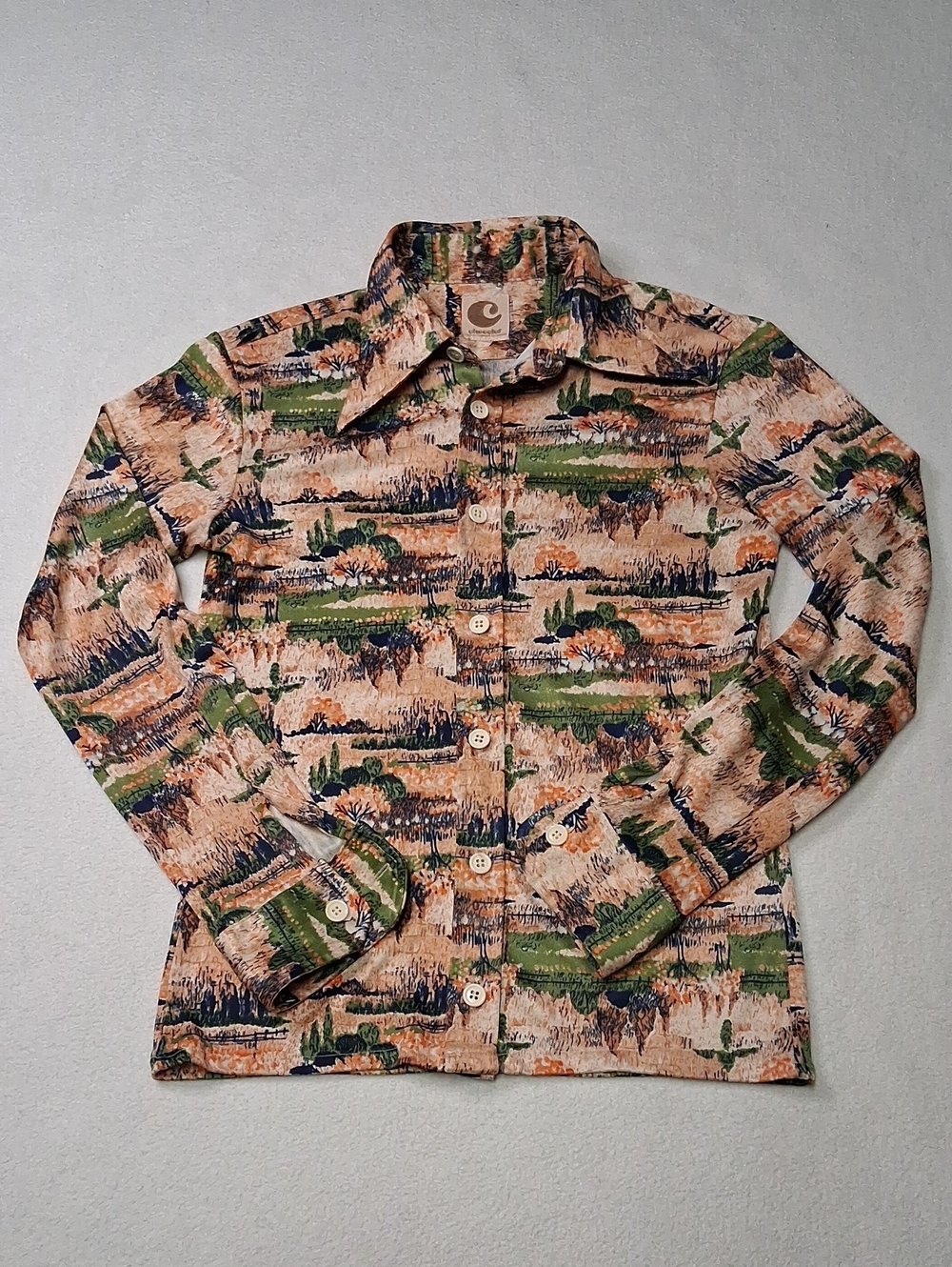Chocolate Scenic Print Jean Jacket in Tan, Green & Navy